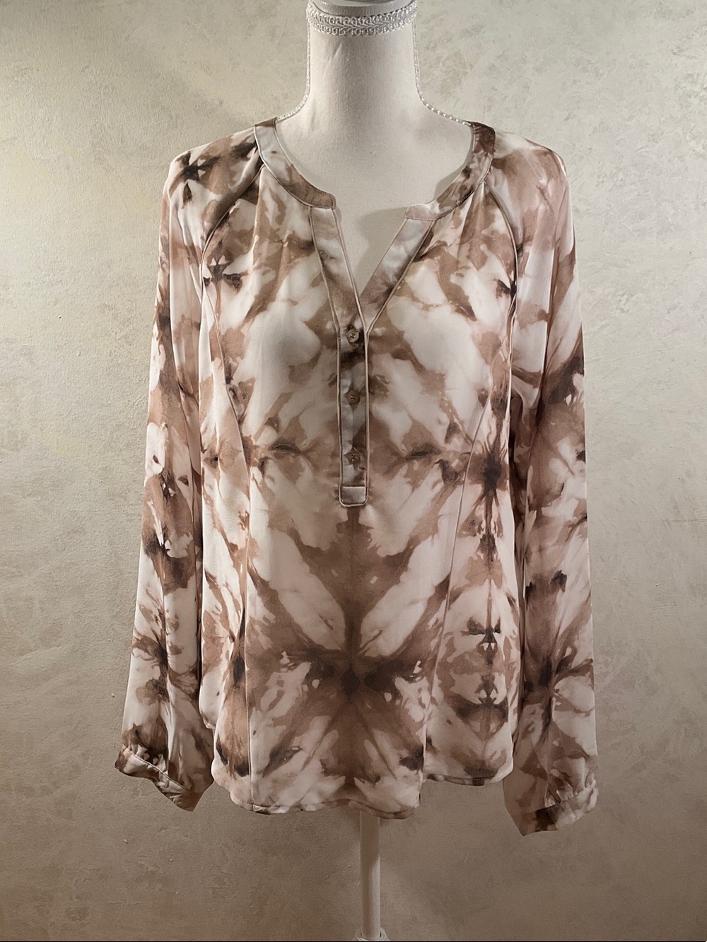 Calvin Klein Brown/cream V-Neck Long Sleeve Blouse